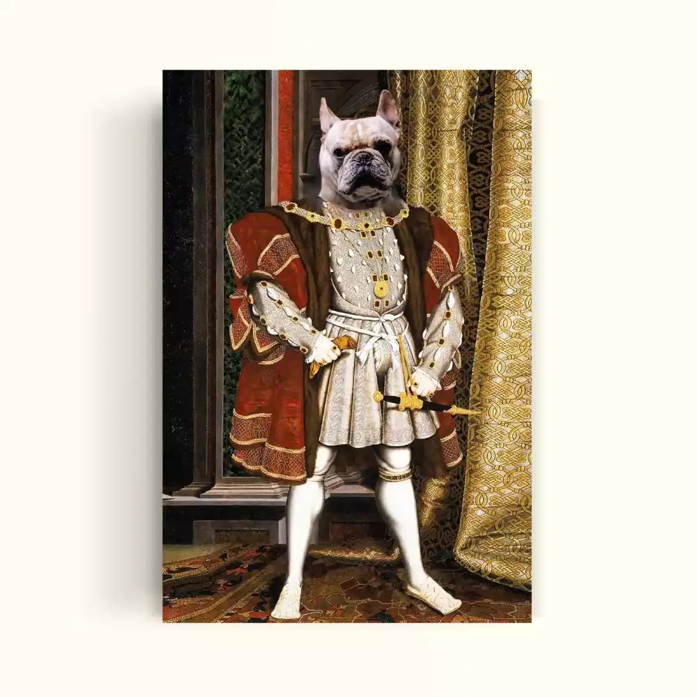 Perro blanco con el cuerpo de un rey simulando  el famoso cuadro de el Rey Henry de inglaterra